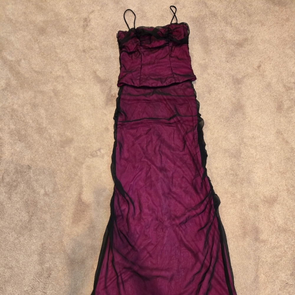 Hot Pink w/Black Sheer Overlay Homecoming Halloween Two-Piece Evening Skirt Set